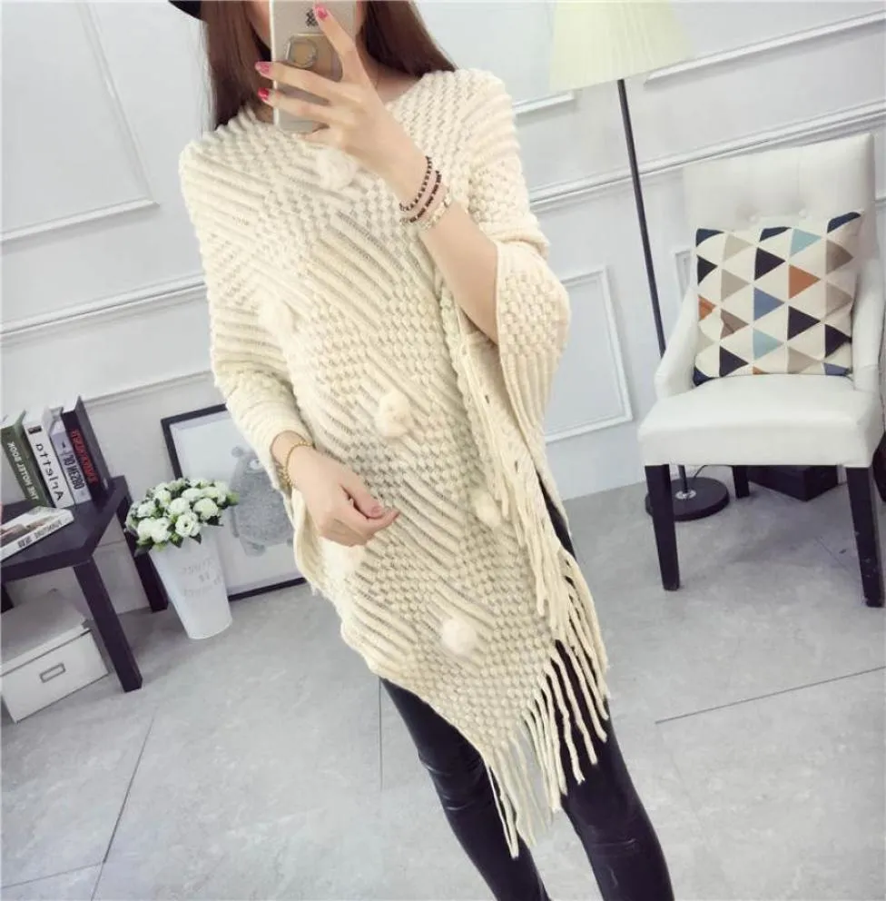 Autumn Plush Ball Tassel Long Knitwear Solid Loose Sweater Vneck Knit Jumper Poncho Wrap Cloak Cape Pullover Warm Batwing Coat3633117