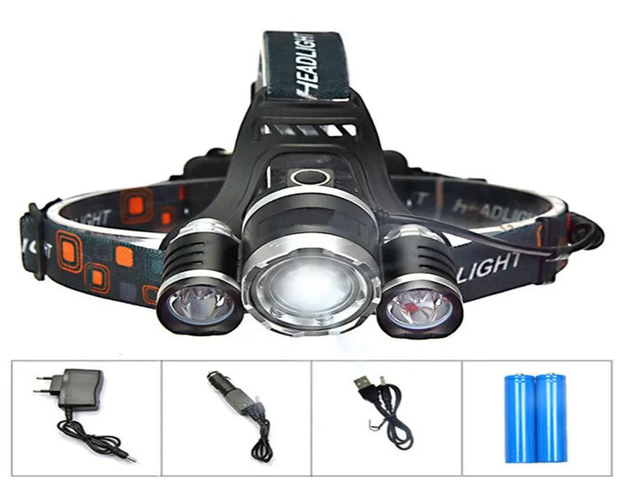 3T6 Headlamp 6000 Lumens 3 x T6 Head Lamp High Power LED Headlamp Head Torch Lamp Flashlight Head +charger+car charger3180811