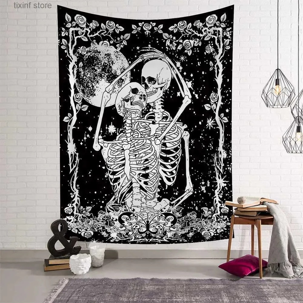 Wandteppiche, Mond, Sternenhimmel, Blume, Umarmung, Totenkopf, Wandteppich, Schwarz, Hexerei, Wandbehang, Stoff, Teppich, Wandteppiche, Hippie, Decke, Zimmer, Heimdekoration, T240309