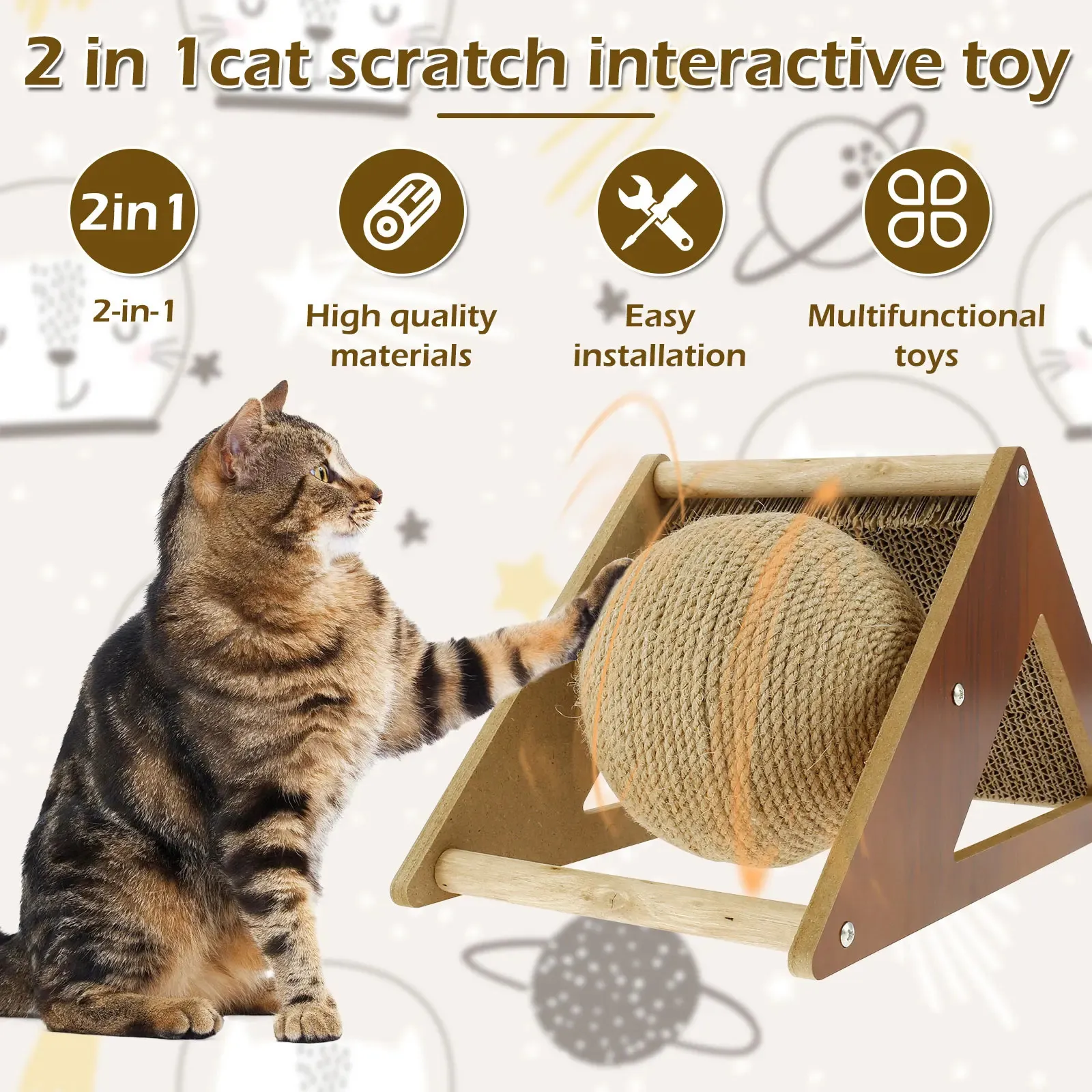 Kotka zarysowania zabawka Odporna na zużycie interaktywnego kotka Scratcher Pad Natural Sisal Rotatable Ball Pet Scratosing Stand 240229