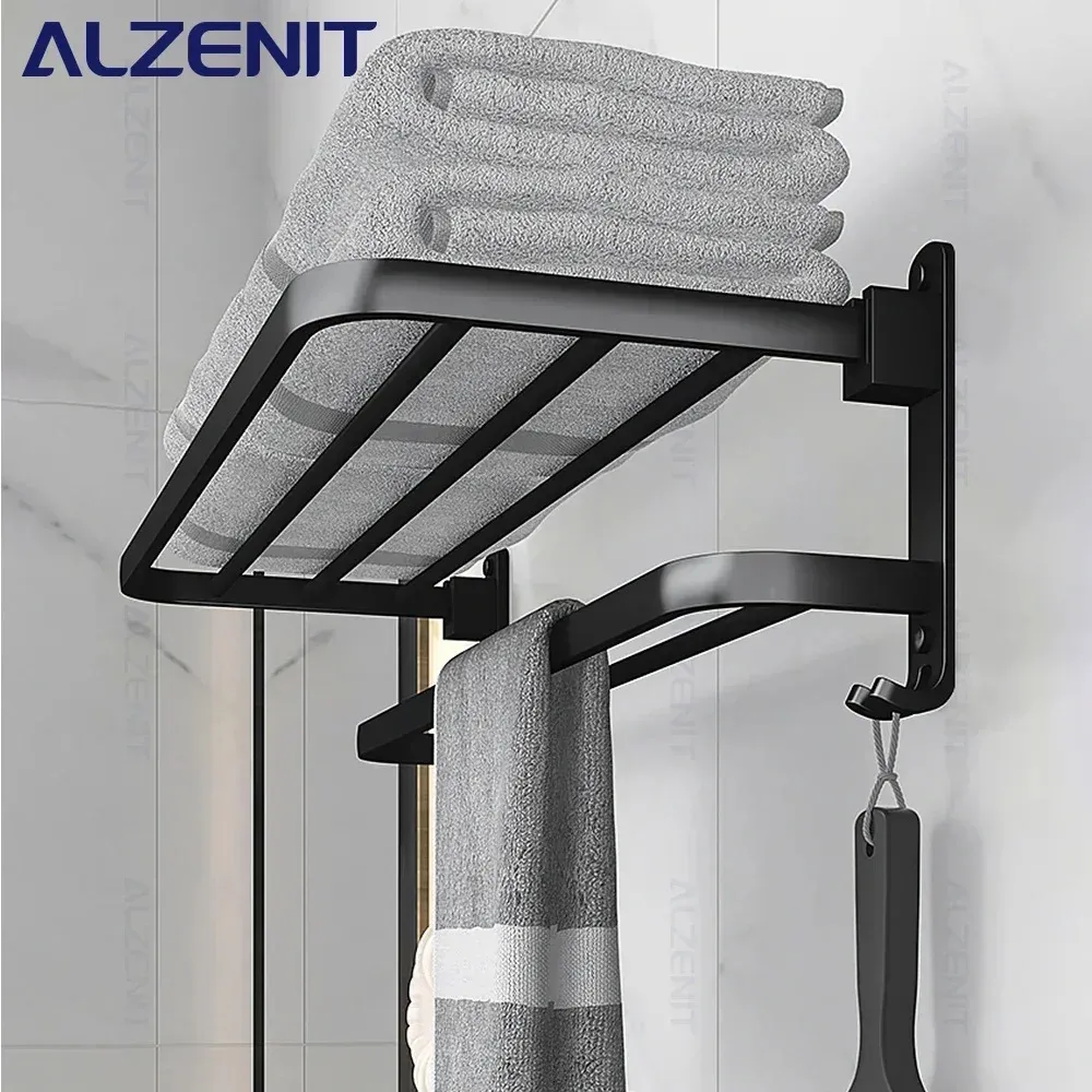 Porte-serviettes noir mat 4060CM, support mobile avec crochet, étagère murale, barre de douche en aluminium, accessoires de salle de bains 240304