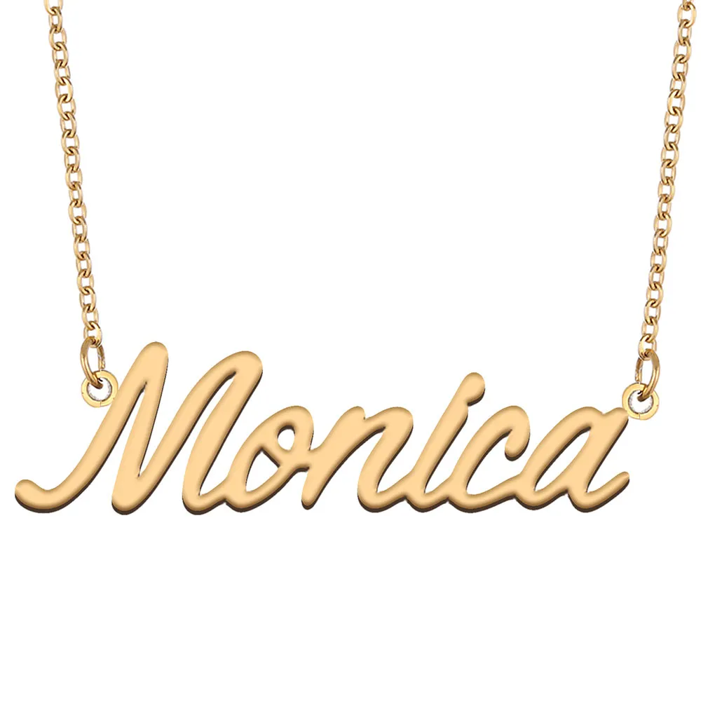 Monica nom collier personnalisé plaque signalétique pendentif pour femmes filles cadeau d'anniversaire enfants meilleurs amis bijoux en acier inoxydable plaqué or 18 carats