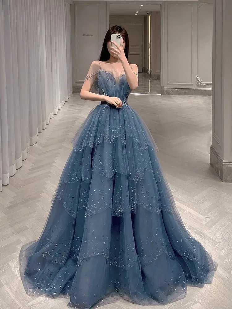 Stunning Blue Evening Dresses Layers Tulle with Beading Long Prom Dresses Lace-up Back High Waist YD