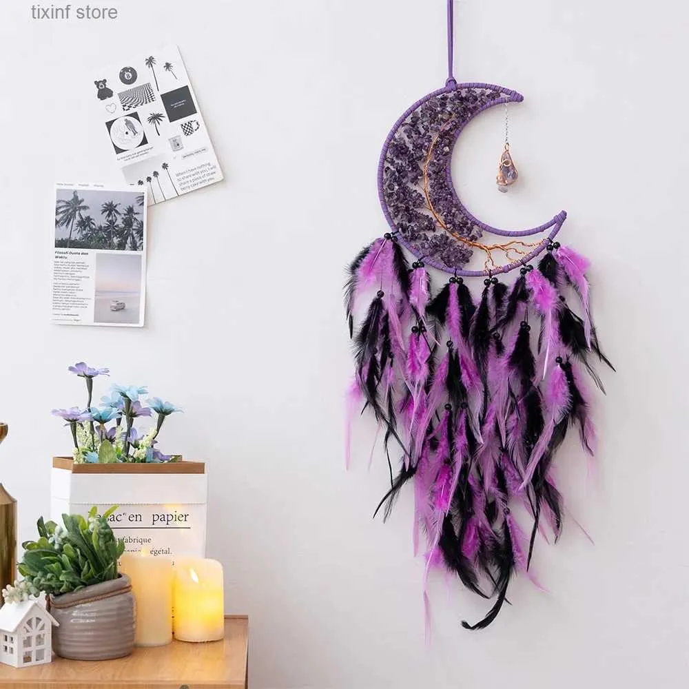 Novelty Items Gravel Moon Feather Dream Catcher Wall Hanging Tree of Life Dream Catcher Natural Agate Dream Catcher Living Room Decoration T240309