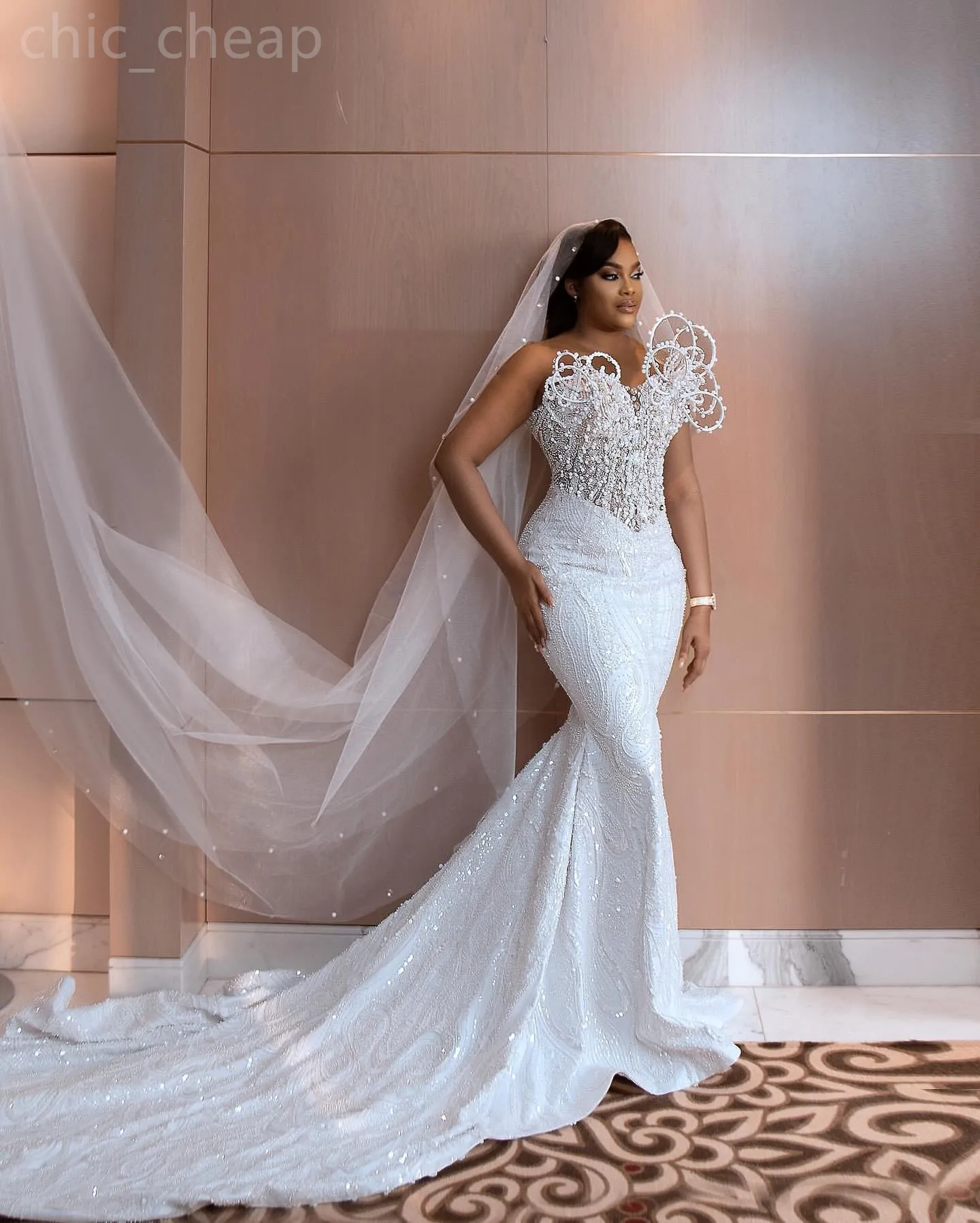 Plus Size Mermaid Bridal Dress with Illusion Long Sleeves, Tiered Tulle, Beaded Lace, and Pearls - 2022 Aso Ebi Mermaid tail wedding Dress for Women (