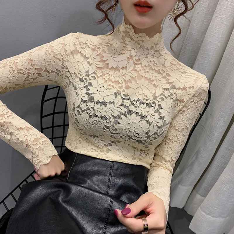 Ladies Blouse Shirt Bottoming Turtleneck Woman Long Sleeve Mesh Plus Size Lace Women Tops Blusas