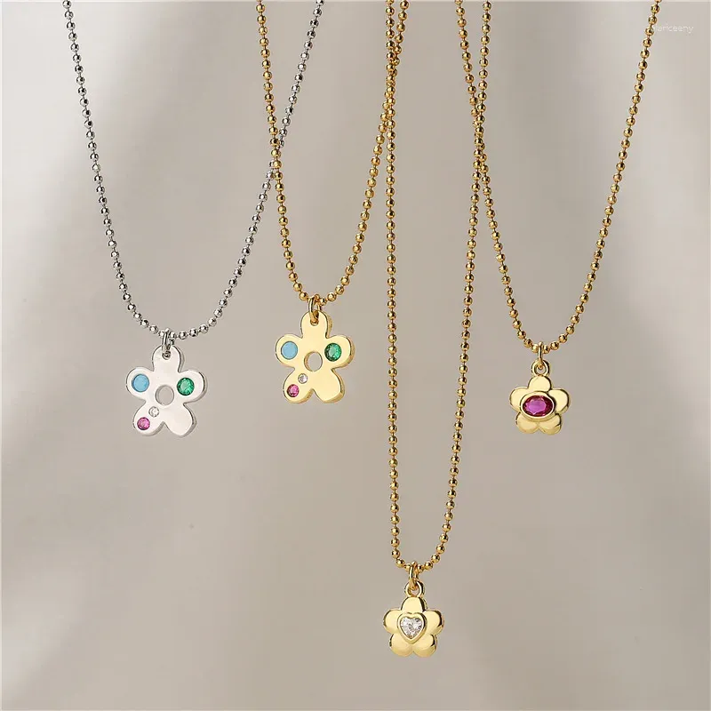 Pendant Necklaces Ins Vintage Colorful Flower Zircon Necklace for Women Girls Cute Brass Fashion Jewelry Gift
