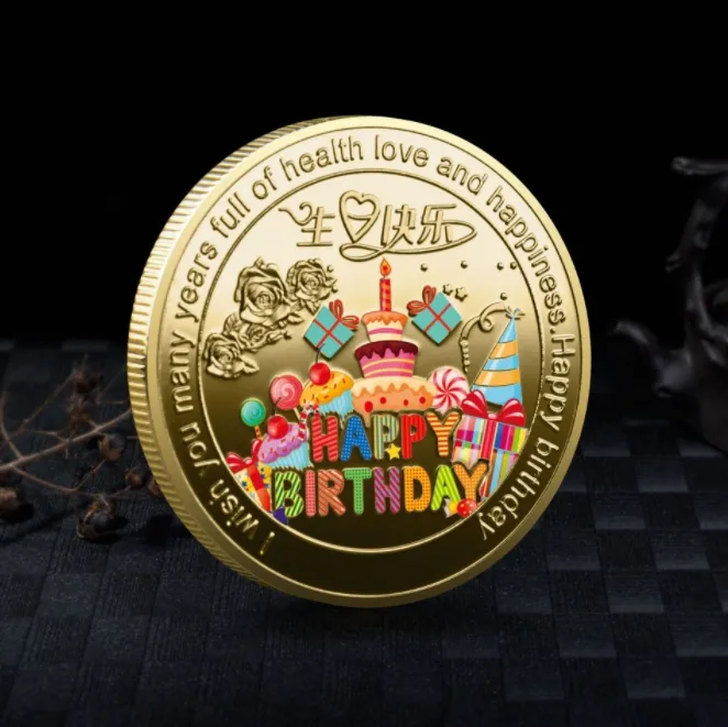 Badge joyeux anniversaire, pièces plaquées argent et or, médaille commémorative, Badge en métal gaufré, pièces porte-bonheur, médaillon d'anniversaire