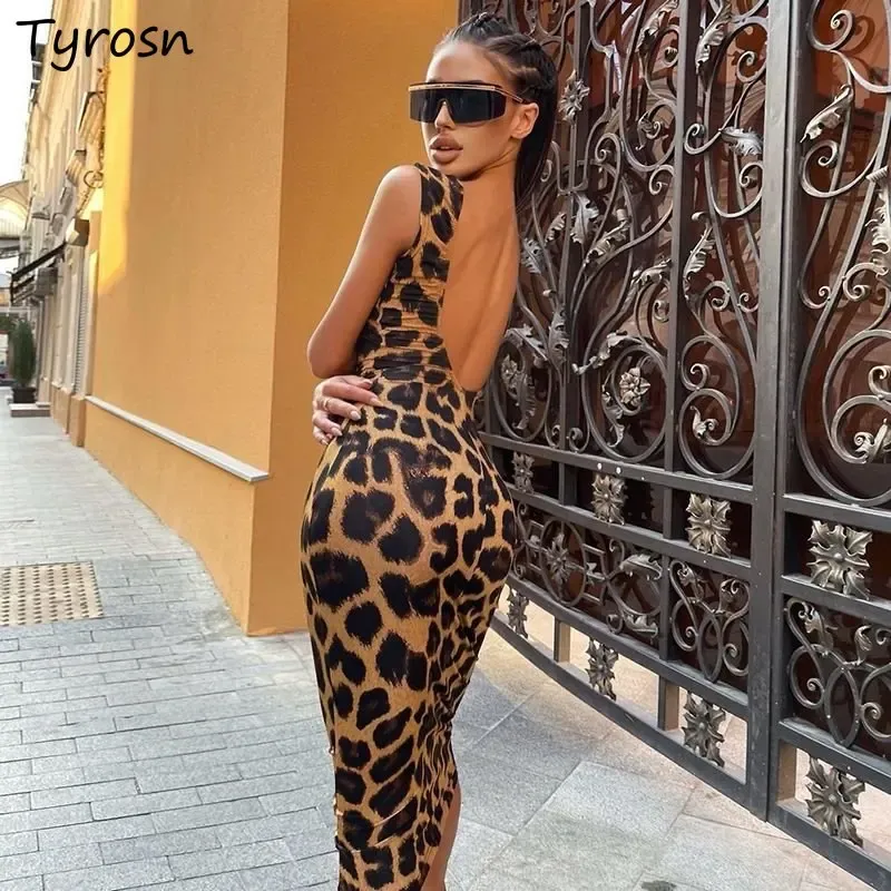 Dress Leopard Backless Midi Dress for Women Vintage Sexy Chic Streetwear European Style Summer Casual Fashion Elegant Bodycon Vestidos