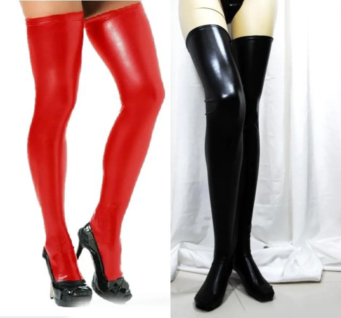 جوارب أزياء Catsuit Dominatrix مثيرة جوارب جلدية جلدية جوارب جلدية الفخذ عالية اللاتكس جل المطاط الأسود Red4831052