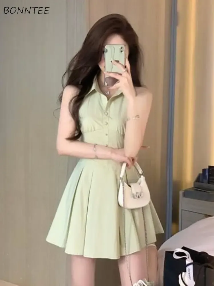 Sukienka zielona mini sukienka kobiety seksowne bez rękawów Summer Slim Aline Lapel Korean Style Estetyka Zestronna Chic Chic Pure Office Lady