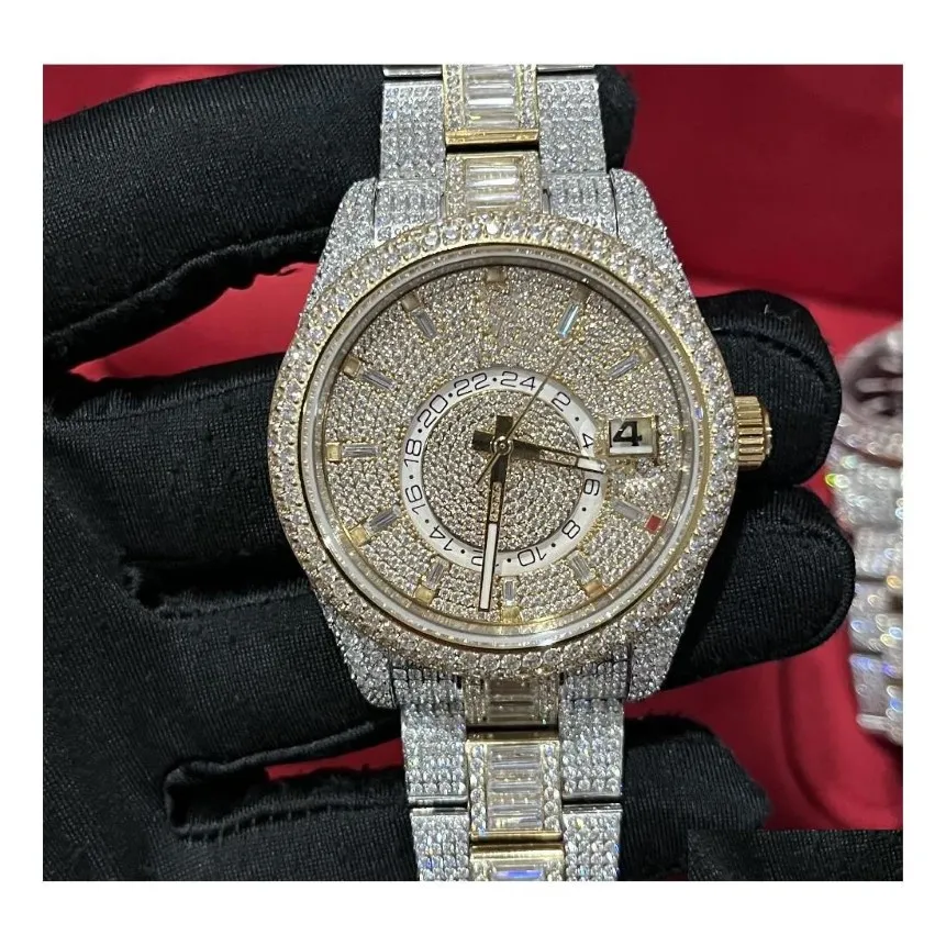 ساعة Wristwatches Diamond Watch عالية الجودة Iced Out Fl عمل وظيفي الحركة 42 ملم Sier Two Stones مقاومة للماء 904 مقاوم للصدأ F219K