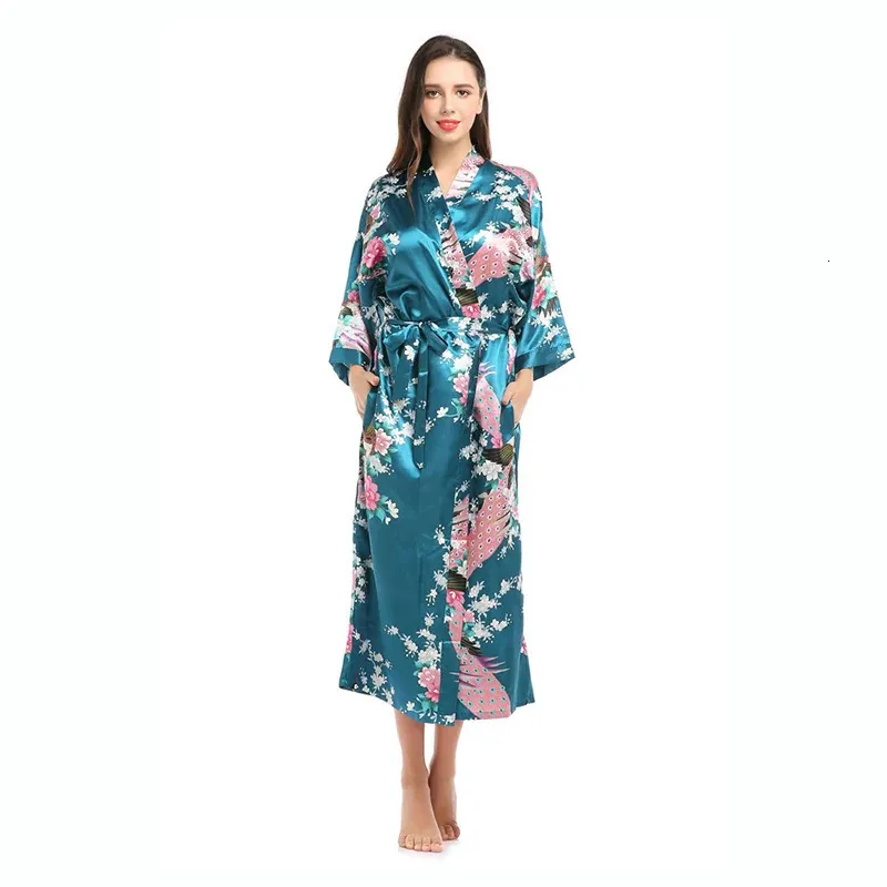 Femmes Soie Satin Kimono Robes Longues Vêtements De Nuit Robe De Chambre Floral Paon Imprimé Motif Fête De Mariage Demoiselle D'honneur Peignoir 240227