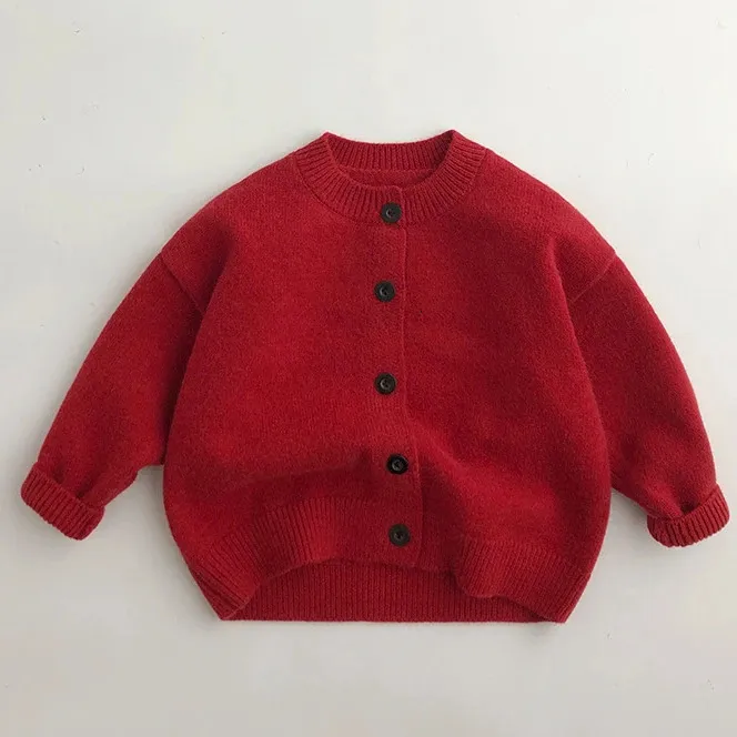 Bebê ano vermelho roupas de inverno menina meninos lã tricô suéteres criança crianças outono macio engrossar sólido cardigan outfit 240301