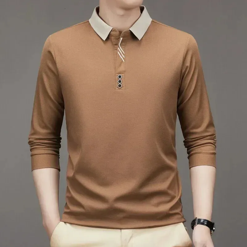 Mens Long Sleeve Turndown Collar Waffle Tshirt Business Casual Contrast Line Polo Shirt 240226