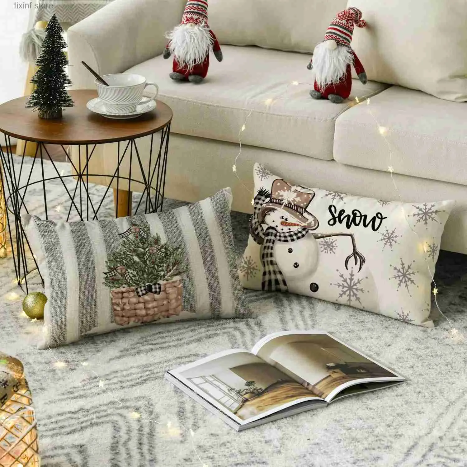 Pillow Case Christmas snowman reindeer case 30X50cm winter holiday striped cushion cover sofa waist case. T240316