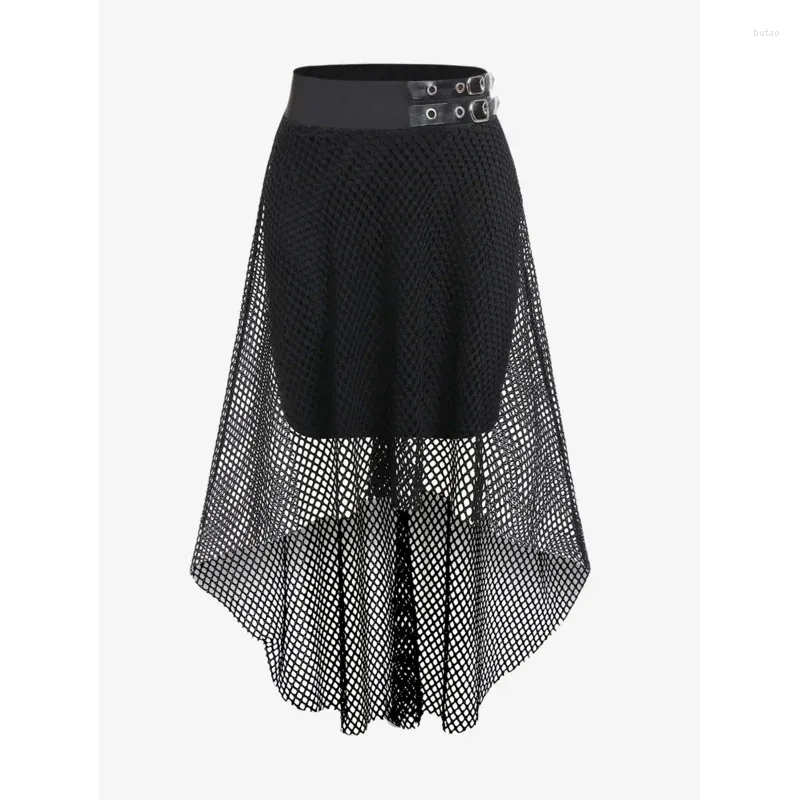 Spódnice Rosegal Plus Gothic Fishnet Nakładowanie przelotne Klucz Klucz pod wysoką niską spódnicę damskie dno streetwear