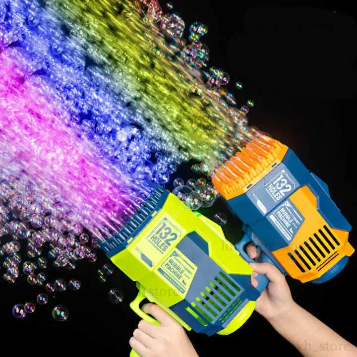 Gun Toys Bubble Gun Rocket 132 Holes Soap Bubbles Machine Gun Shape Automatic Blower With Light Toys For Kids Pomperos Childrens Day Gift T240309