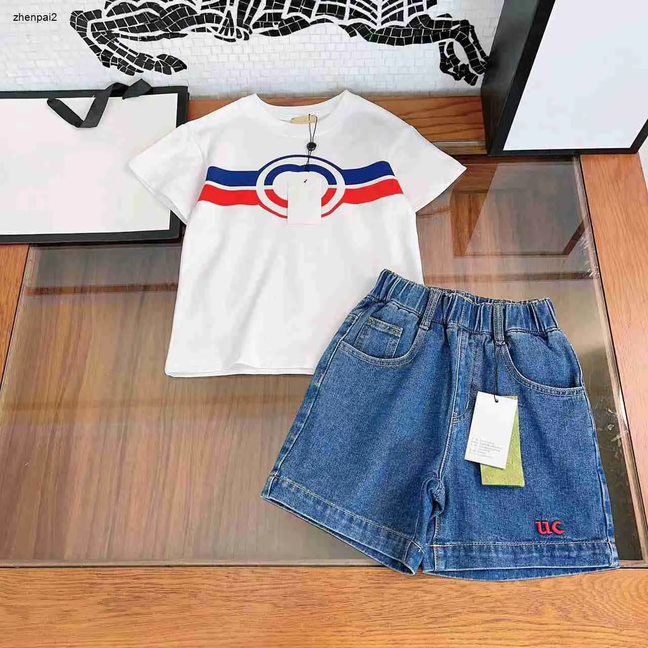 Survêtements de luxe pour enfants, ensemble deux pièces d'été, taille 100-160 CM, T-shirt pour bébé, T-shirt et short en Denim avec logo brodé, 24 mars