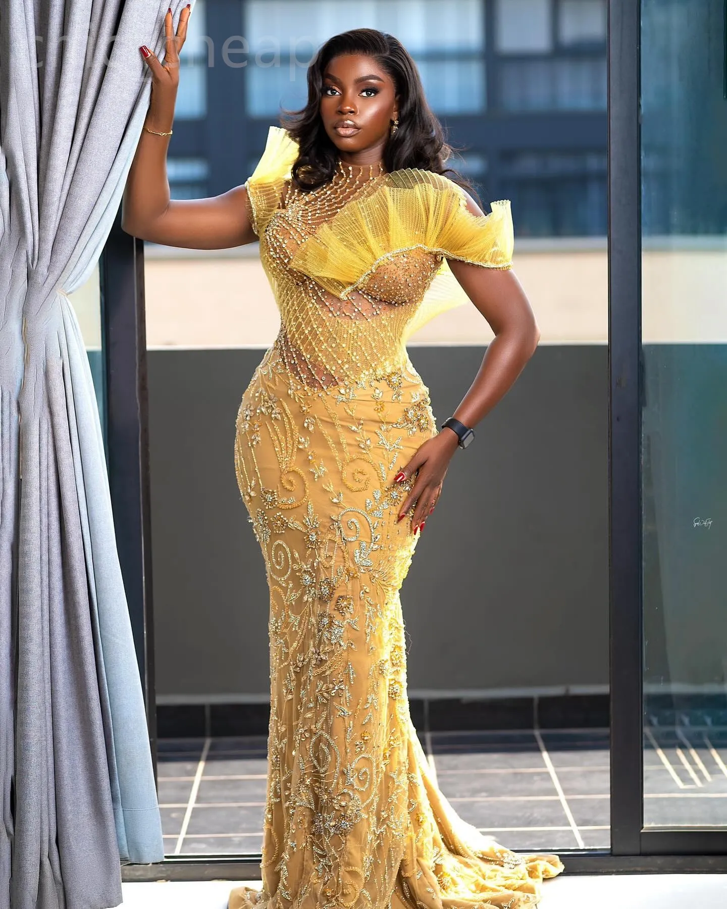 DHgate Beaded Crystals Mermaid Prom Evening Formal Dress Yellow Ebi Aso Illusion Party Gown Wedding Party Events