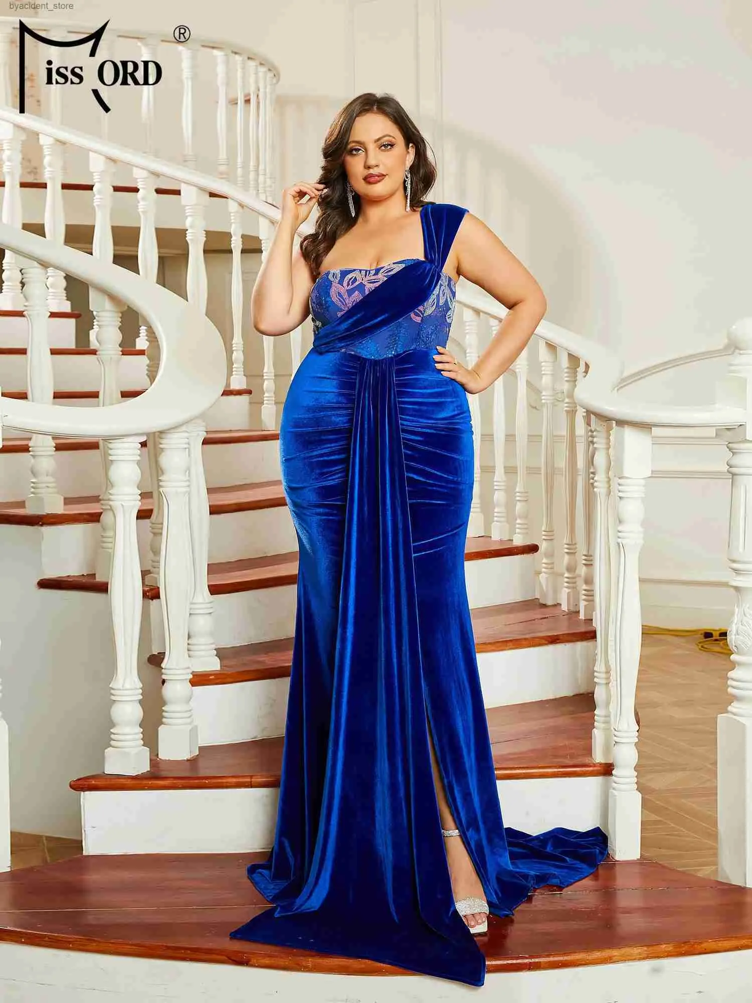 Robes Sexy urbaines Missord nouvelle grande taille drapée bleu Royal velours sirène soirée bal de promo robes d'occasion formelles L240309