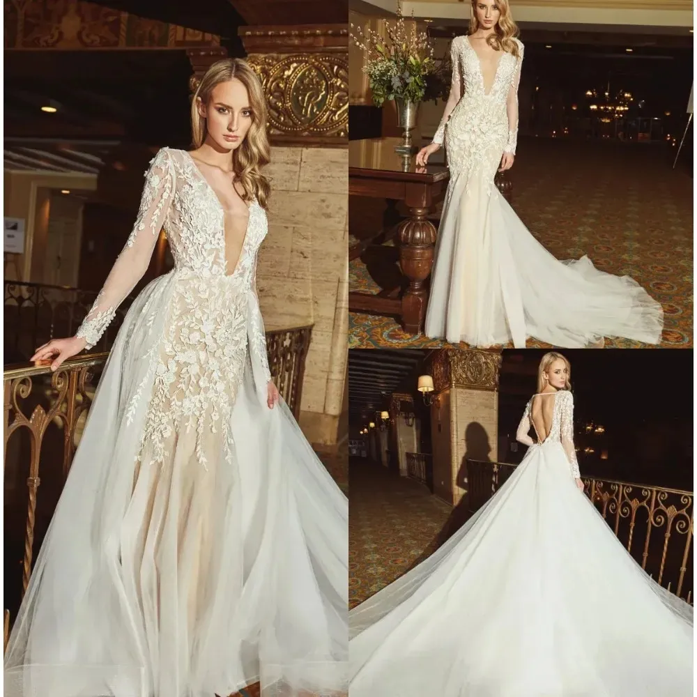 Superbe robe de mariée sirène de luxe avec train détachable, col en V, manches longues, appliques en dentelle, dos nu, robes de mariée boho de plage, YD, 2024