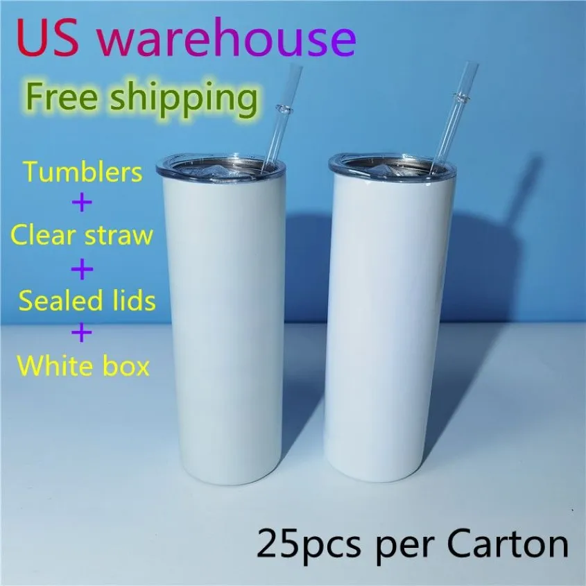 Local Warehouse 20oz Straight Sublimation Tumblers Clear Straws and sealed lids Stainless Steel Glossy blank white Double wall Vac217k