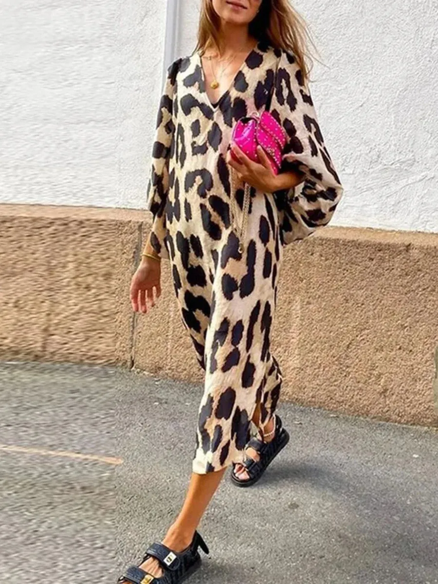 Jocoo Jolee Bohemian Maxi Dres Casual Lanter Sleeve V Neck Leopard Loose Long Dress Oversized Fashion Female Dresses 240308