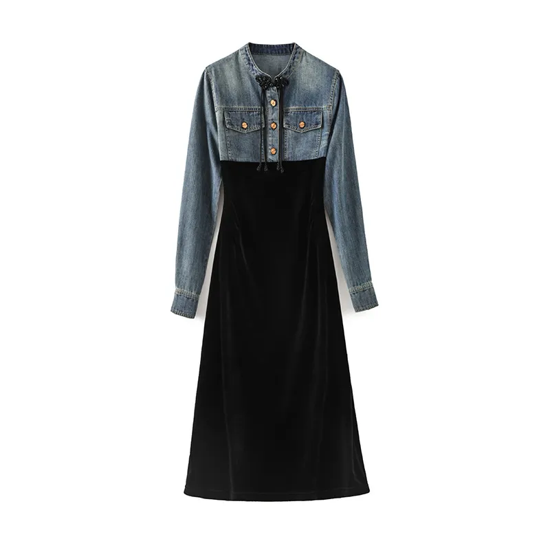 2024 Spring Black Contrast Color Panelled Dress Long Sleeve Stand Collar Double Pockets Midi Casual Dresses W4M051702