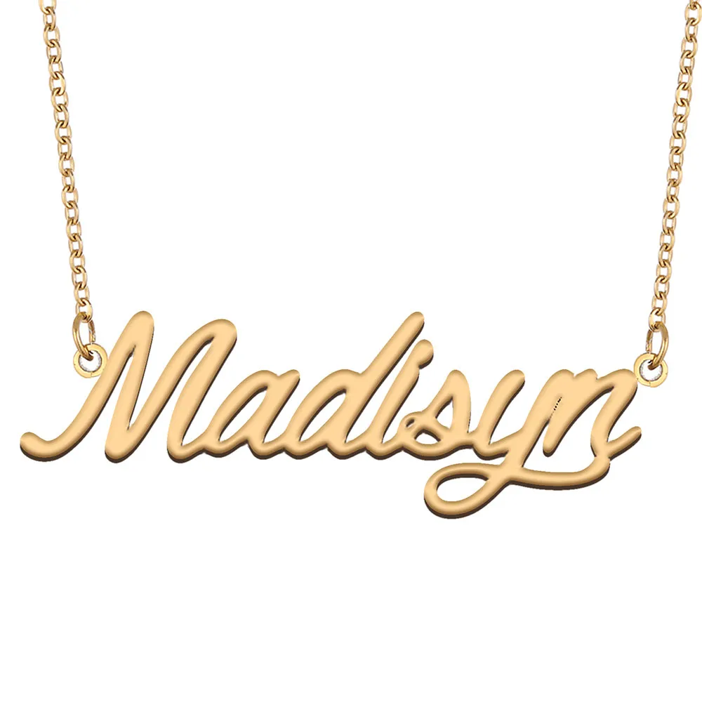 Madisyn Collar con nombre Colgante con placa de identificación personalizada para mujeres Niñas Regalo de cumpleaños Niños Mejores amigos Joyería Acero inoxidable chapado en oro de 18 quilates