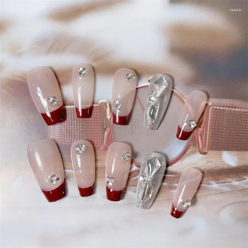 False Nails Handmade Y2k Press On French Medium-length Reusable Adhesive Fake Artifical Tiny Diamond Nail Tips Art