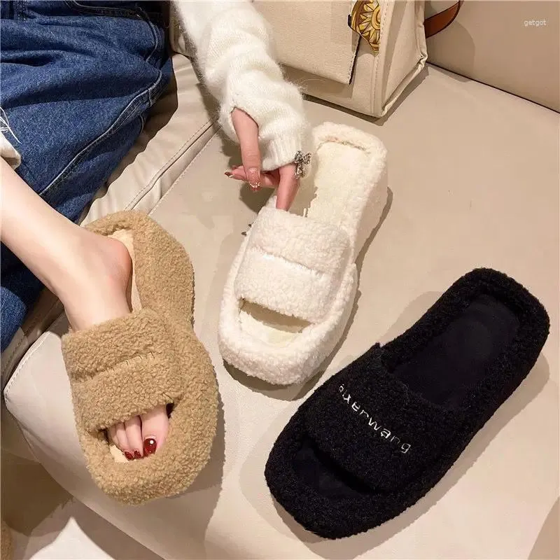 Casual Shoes Winter Outdoor High Heels Women's Trend Soft Warm Plush Fluffy Slippers Flat Indoor Home Vulcanized