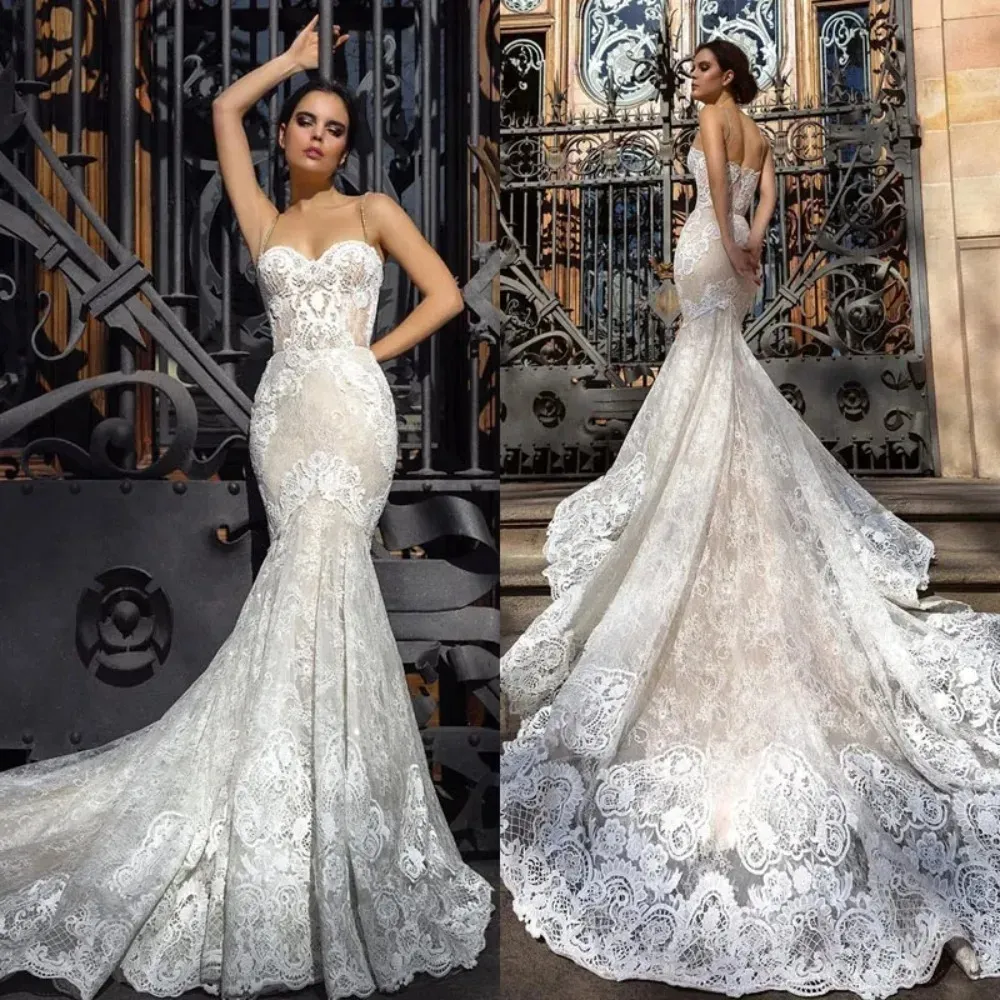 Lace Stunningbride 2024 Robes de mariée de sirène Spaghetti Stracts Trumpet Sexy Appliqued Train Tulle Country Bridal Bridal Gowns Yd