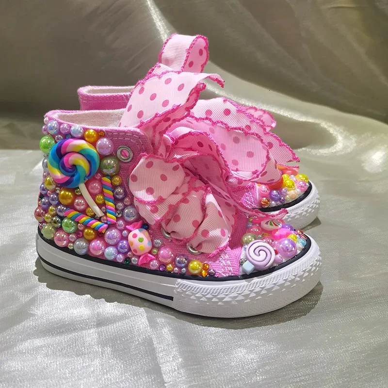 Slumpmässig Lollipop Rainbow Candy Canvas Simulation Diy Kids Pearls Sneakers For Girl Birthday Party Dollbling Handmade Bling Shoes 240223