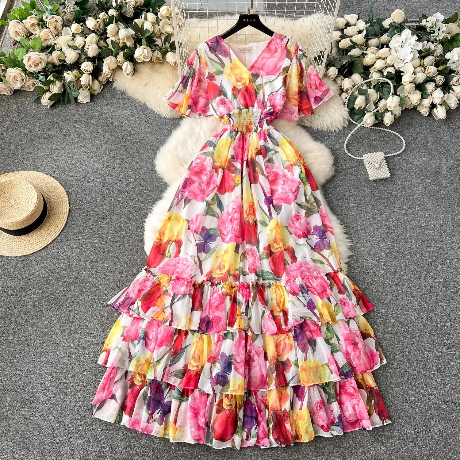 Basic Casual Dresses Runway Gorgeous Flower Chiffon Cascading Dress Women V Neck Short Sleeve Floral Print Elastic Waist Long Boho Robe Vestidos 2024