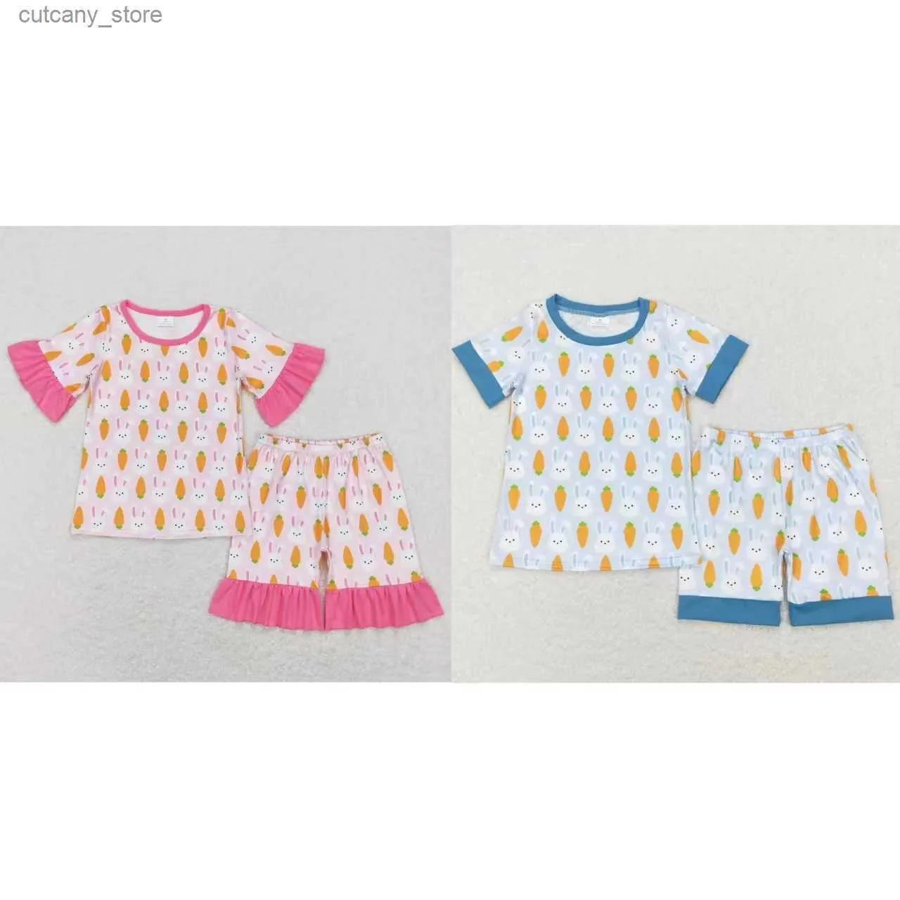 T-shirts en gros enfant en bas âge pyjamas de Pâques manches courtes carotte lapin hauts shorts enfants tenue de printemps correspondant bébé garçon fille enfants ensembles L240311