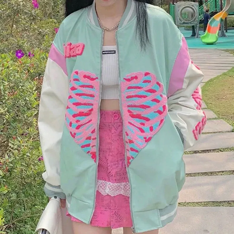 Jackets Vintage Harajuku Heart Skeleton Print Cute Sweet Girl Jacket Female Splicing Student Zip up Coat Y2K Streetwear Baseball Uniform