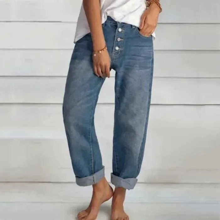 Kvinnors jeans 2024 Våren överdimensionerade kvinnors denimbyxor med blå fickor Empire midja breda ben jeans lösa byxor kvinnor sommar casual mode kvinnor j240306