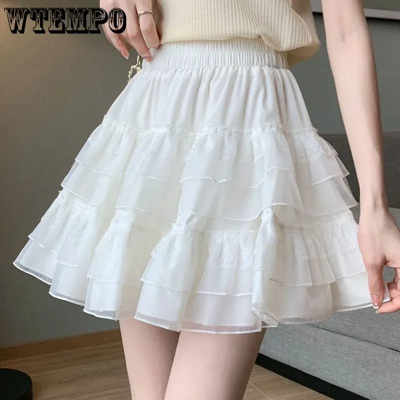 rock Spitze Mesh Kuchen Rock Frauen Lolita Fee Hohe Taille Aline Puffy Rock Lose Fall Adrette Frühling Sommer Drop Shipping