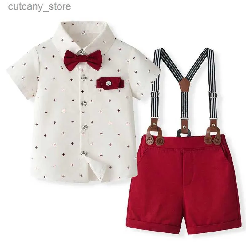 T-Shirts Toddler Boy Boy Beyefendi Giysileri Kısa Kol Çapraz Baskı Gömlek Üstü Askı Şortları 2 Paskalya Kıyafet L240311