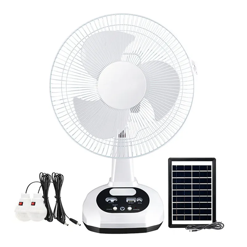 Ventilatore solare da 12 pollici 10 ore di lavoro Ventilatore da tavolo portatile ricaricabile tramite USB con lampadine a LED per campeggio all'aperto