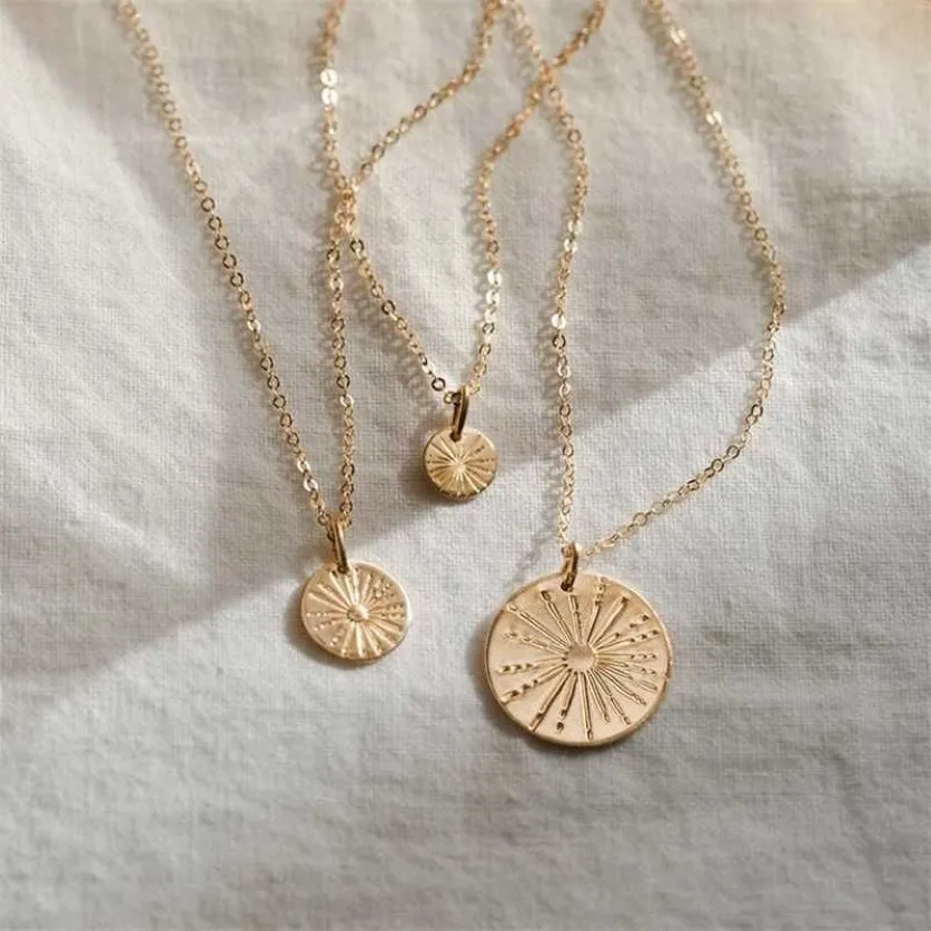 Sunbeam Necklace Sunshine Jewelry المصنوعة يدويًا 14 كيلو كيلتر عملات مملوءة بالذهب المعلقات كولير كولي بوهو للنساء 220119313o