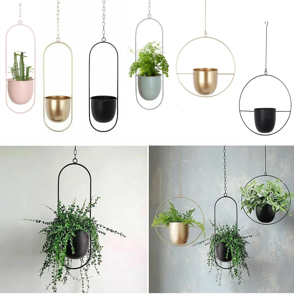 10 Typ Metal Hanging Flower Pot Nordic Chain Hanging Planter Basket Blomma Vase For Home Garden Balkony Decoration 240304
