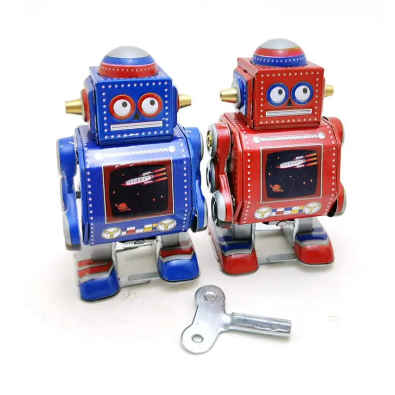 Collection adulte drôle rétro liquidation jouet métal étain mini-robot rouge/bleu horloge jouet figure modèle vintage jouet cadeau 240307