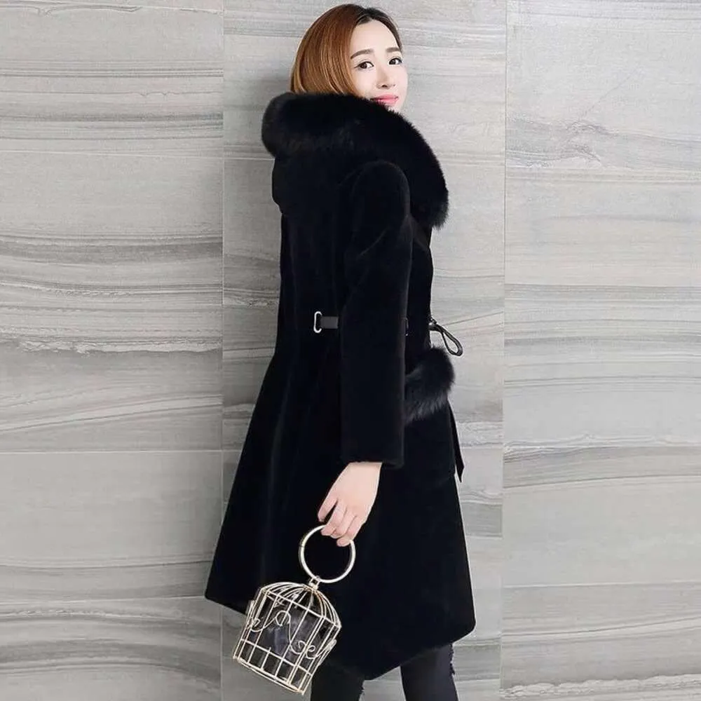 Wool Fox Collar, Winter Haining Fur Sheep Shearing Coat, Women's Medium Length Coat 130109