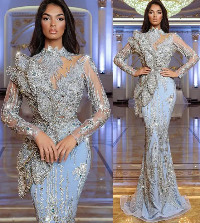 Plus Size Arabische Aso Ebi Zeemeermin Luxe Sexy Prom Jurken Kralen Kristallen Kant Avond Formele Partij Tweede Receptie Jurken ZJ205