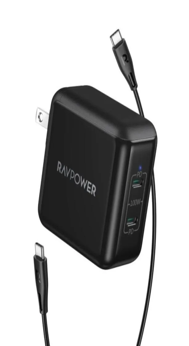 Adaptateur de charge mural RAVpower 100 W 2 ports USB C PD avec câble EMark42841023149605