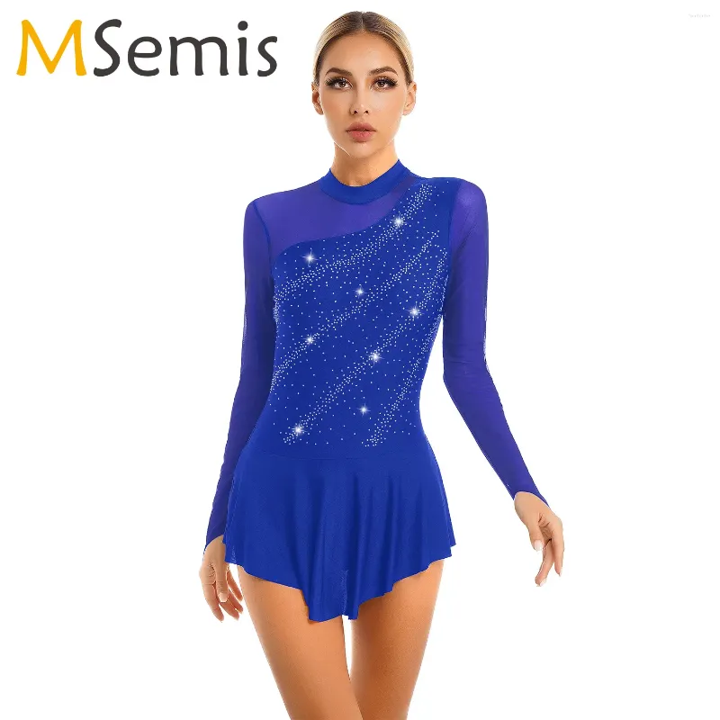 Scene Wear Women Figure Skating Dance Dress Rhinestone Långärmad balett Leotard Lyrisk kostym Ballroom Competition Dancewear