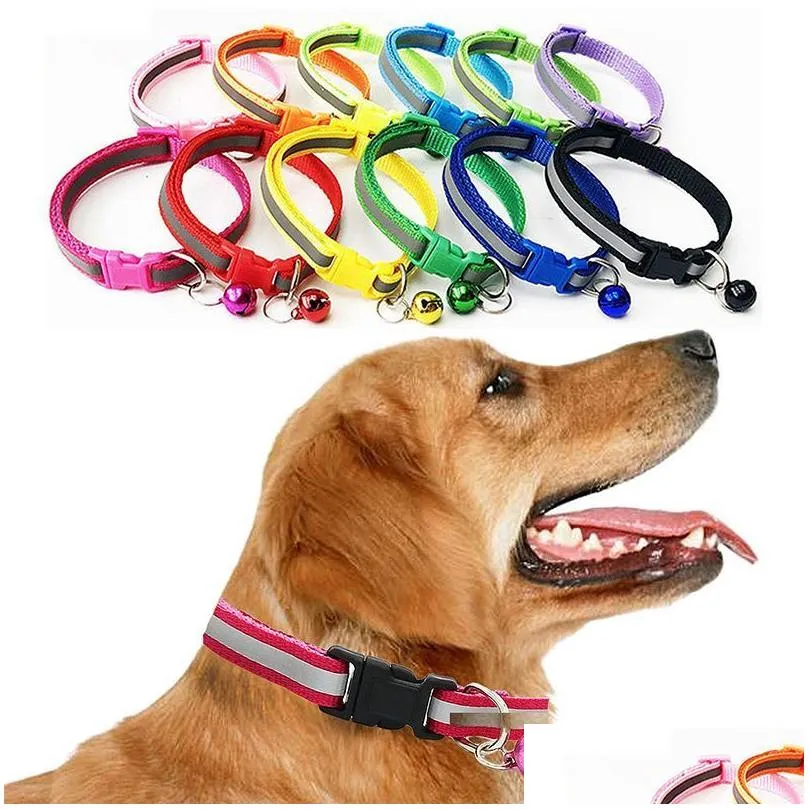 Coleiras para cães Coleiras para cães e gatos Coleiras reflexivas tamanho ajustável Pet Nylon Strap Bell Collar Cachorrinho Colar Seguro Drop Delivery Home Ga Dhyeb