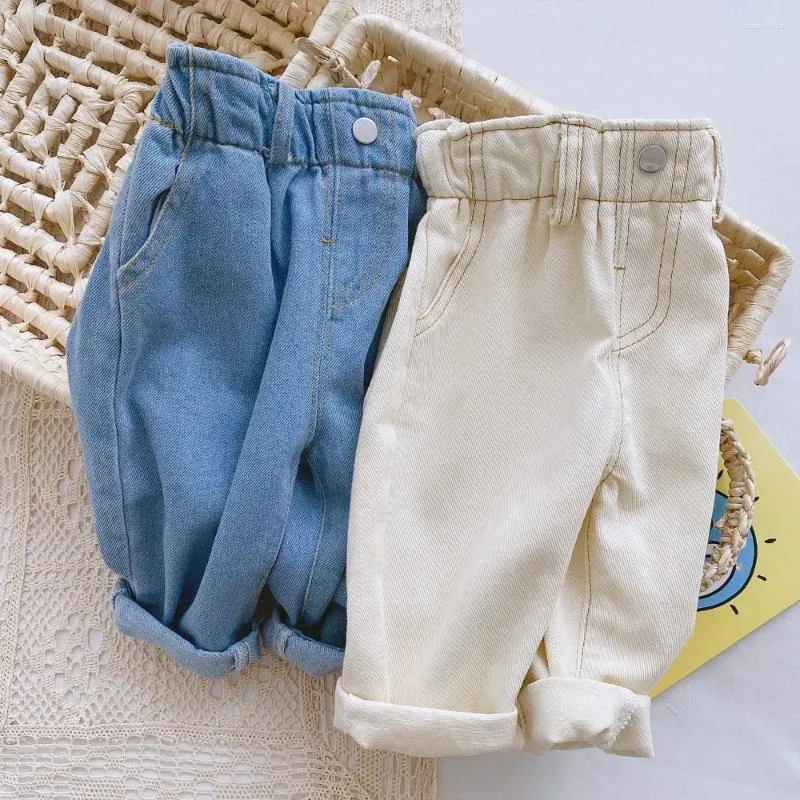 Брюки, весенние однотонные джинсовые джинсы для маленьких мальчиков, детская хлопковая одежда, брюки с высокой талией для маленьких девочек, детские шаровары